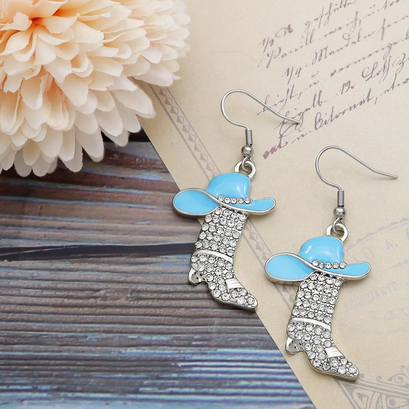 RechicGu Rhinestone Western Boots Earrings Cowgirl Cowboy Enamel Hat Bohemian Rodeo Boot Drop Dangle Earrings for Women - Image 3